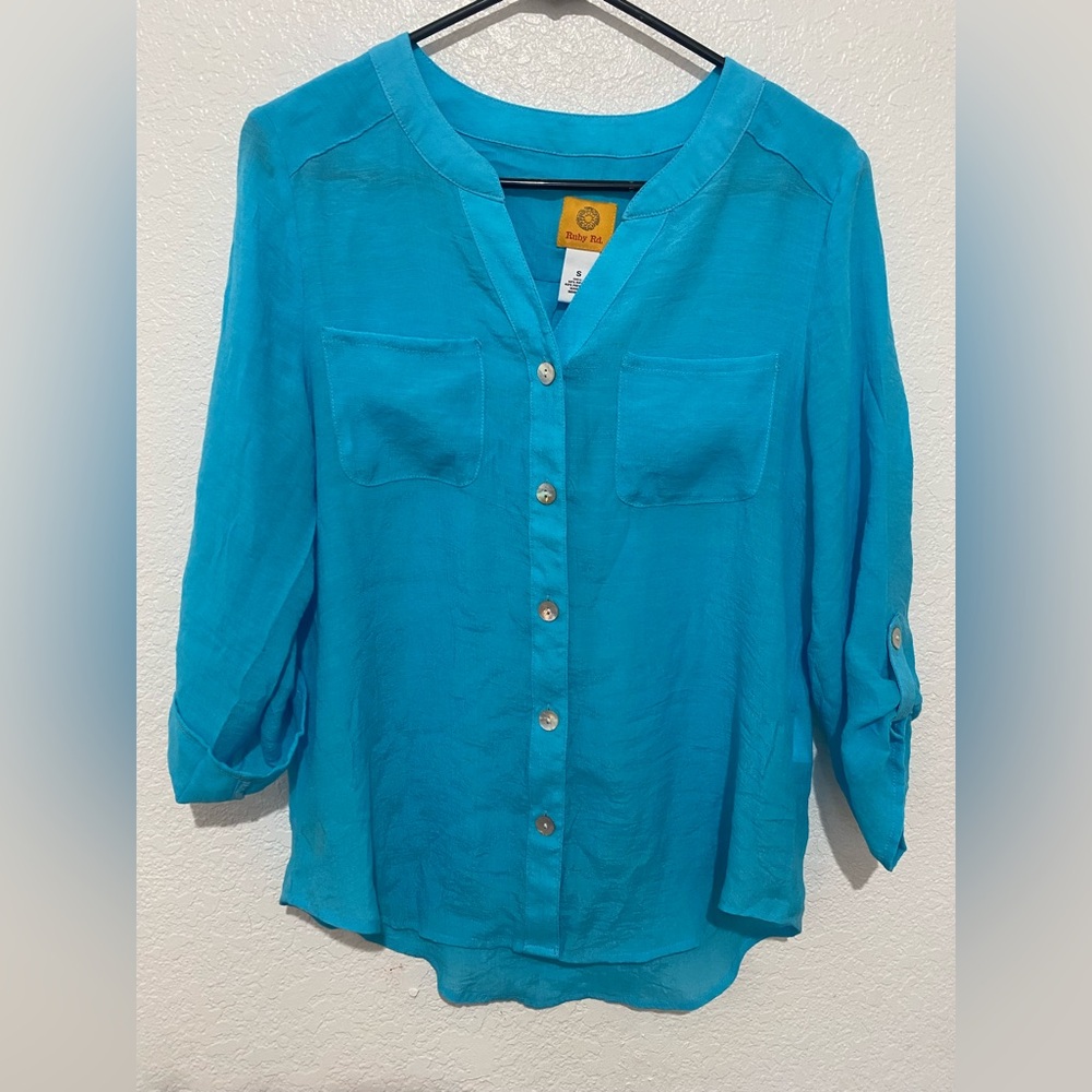 Turquoise Button Up Blouse Small – Lightweight Flowy Top / Work Casual
